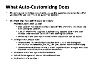 What Auto-Customizing DoesWhat Auto-Customizing Does
• The automatic workflow customizing sets up the system using defaults so that
you ready to use the system as quickly as possible.
• The most important activities are as follows:
– Maintain Active Plan Version
• Plan version (with its contents) is seen by the workflow system as the
only valid plan version.
• All SAP Workflows supplied automatically become part of the plan
version that has been selected as the active plan version
• Only one of the plan versions created in the system can be active.
– Configure RFC Destination
• The runtime system always executes its tRFC calls via the logical
destination WORKFLOW_LOCAL_XXX (XXX stands for client number)
• The workflow runtime system is client dependent i.e. a single workflow
instance normally executes within one client
– Maintain Workflow System Administrator
– Schedule Background Job for Missed Deadlines
– Maintain Prefix Numbers
 