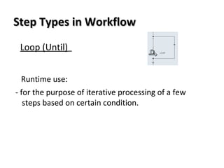 Step Types in WorkflowStep Types in Workflow
Loop (Until)
Runtime use:
- for the purpose of iterative processing of a few
steps based on certain condition.
 