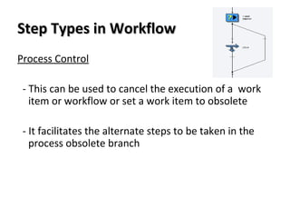 Step Types in WorkflowStep Types in Workflow
Process Control
- This can be used to cancel the execution of a work
item or workflow or set a work item to obsolete
- It facilitates the alternate steps to be taken in the
process obsolete branch
 
