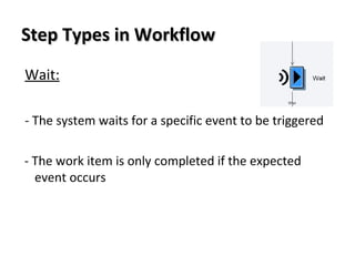 Step Types in WorkflowStep Types in Workflow
Wait:
- The system waits for a specific event to be triggered
- The work item is only completed if the expected
event occurs
 