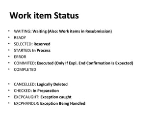 Work item StatusWork item Status
• WAITING: Waiting (Also: Work items in Resubmission)
• READY
• SELECTED: Reserved
• STARTED: In Process
• ERROR
• COMMITED: Executed (Only If Expl. End Confirmation Is Expected)
• COMPLETED
• CANCELLED: Logically Deleted
• CHECKED: In Preparation
• EXCPCAUGHT: Exception caught
• EXCPHANDLR: Exception Being Handled
 