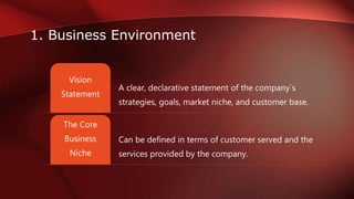 1. Business Environment
A clear, declarative statement of the company`s
strategies, goals, market niche, and customer base.
Vision
Statement
Can be defined in terms of customer served and the
services provided by the company.
The Core
Business
Niche
 