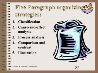 22
©Robere & Associates (Thailand) Ltd
Five Paragraph organizingFive Paragraph organizing
strategies:strategies:
1. Classification
2. Cause-and-effect
analysis
3. Process analysis
4. Comparison and
contrast
5. Illustration
 