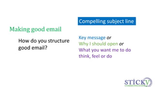 How do you structure 
good email? 
Key message or 
Why I should open or 
What you want me to do 
think, feel or do 
Making good email 
Compelling subject line 
 