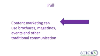 Pull 
Content marketing can 
use brochures, magazines, 
events and other 
traditional communication 
 