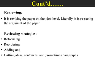 Cont’d……
Reviewing:
• It is revising the paper on the idea-level. Literally, it is re-seeing
the argument of the paper.
Reviewing strategies:
• Refocusing
• Reordering
• Adding and
• Cutting ideas, sentences, and , sometimes paragraphs
 