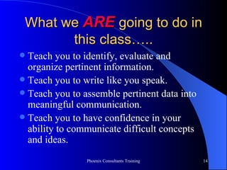 What we  ARE  going to do in this class….. Teach you to identify, evaluate and organize pertinent information. Teach you to write like you speak. Teach you to assemble pertinent data into meaningful communication. Teach you to have confidence in your ability to communicate difficult concepts and ideas. 