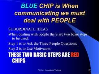 BLUE  CHIP is When communicating we must deal with PEOPLE SUBORDINATE IDEAS When dealing with people there are two basic steps to be used: Step 1 is to Ask the Three People Questions. Step 2 is to Use Motivators. THESE TWO BASIC STEPS ARE  RED  CHIPS 