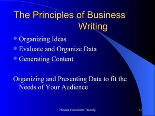 The Principles of Business  Writing Organizing Ideas Evaluate and Organize Data Generating Content Organizing and Presenting Data to fit the Needs of Your Audience 