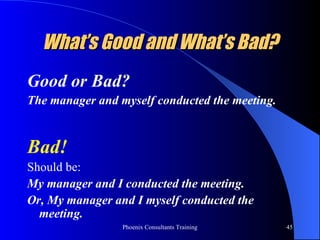 What’s Good and What’s Bad? Good or Bad? The manager and myself conducted the meeting. Bad!   Should be:  My manager and I conducted the meeting.  Or, My manager and I myself conducted the meeting. 