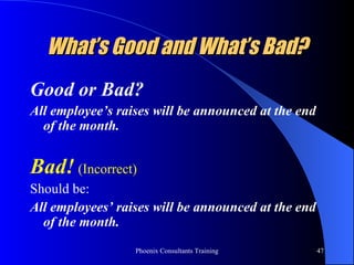What’s Good and What’s Bad? Good or Bad? All employee’s raises will be announced at the end of the month. Bad!  (Incorrect) Should be:  All employees’ raises will be announced at the end of the month.  