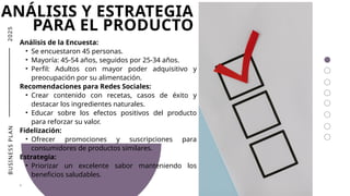 2
0
2
5
ANÁLISIS Y ESTRATEGIA
PARA EL PRODUCTO
Análisis de la Encuesta:
• Se encuestaron 45 personas.
• Mayoría: 45-54 años, seguidos por 25-34 años.
• Perfil: Adultos con mayor poder adquisitivo y
preocupación por su alimentación.
Recomendaciones para Redes Sociales:
• Crear contenido con recetas, casos de éxito y
destacar los ingredientes naturales.
• Educar sobre los efectos positivos del producto
para reforzar su valor.
Fidelización:
• Ofrecer promociones y suscripciones para
consumidores de productos similares.
Estrategia:
• Priorizar un excelente sabor manteniendo los
beneficios saludables.
.
B
U
S
I
N
E
S
S
P
L
A
N
 