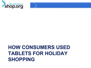 HOW CONSUMERS USED
TABLETS FOR HOLIDAY
SHOPPING
                                      9
         Confidential & Proprietary
 
