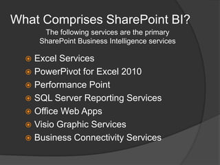 What Comprises SharePoint BI?The following services are the primary SharePoint Business Intelligence servicesExcel ServicesPowerPivot for Excel 2010Performance Point SQL Server Reporting ServicesOffice Web AppsVisio Graphic ServicesBusiness Connectivity Services