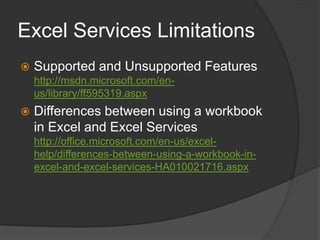 Excel Services LimitationsSupported and Unsupported Featureshttp://msdn.microsoft.com/en-us/library/ff595319.aspxDifferences between using a workbook in Excel and Excel Serviceshttp://office.microsoft.com/en-us/excel-help/differences-between-using-a-workbook-in-excel-and-excel-services-HA010021716.aspx
