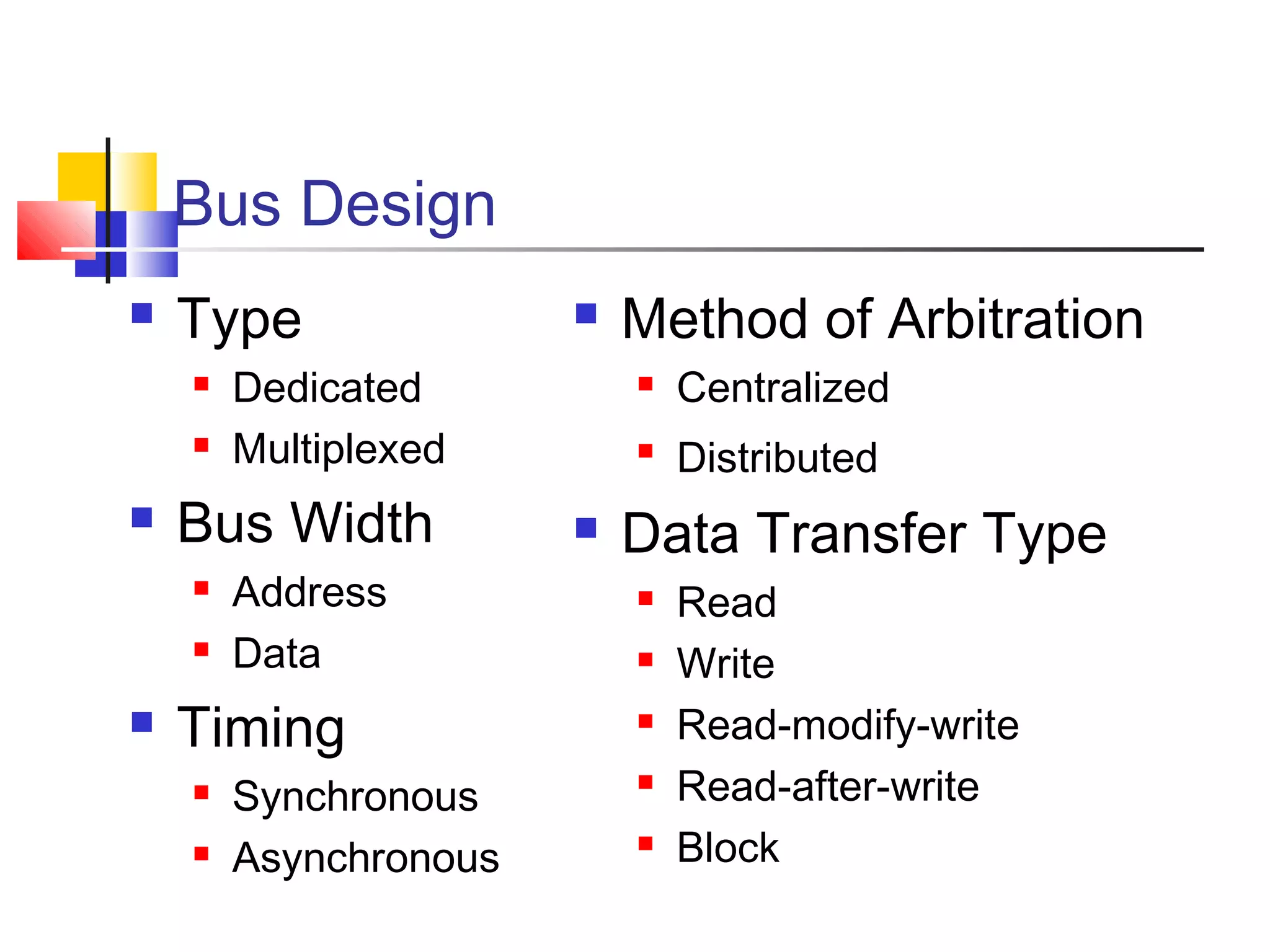 Bus Design


Type









Dedicated
Multiplexed

Bus Width


Address
Data

Timing





Synchronous
Asynchronous

Method of Arbitration





Centralized
Distributed

Data Transfer Type






Read
Write
Read-modify-write
Read-after-write
Block

 