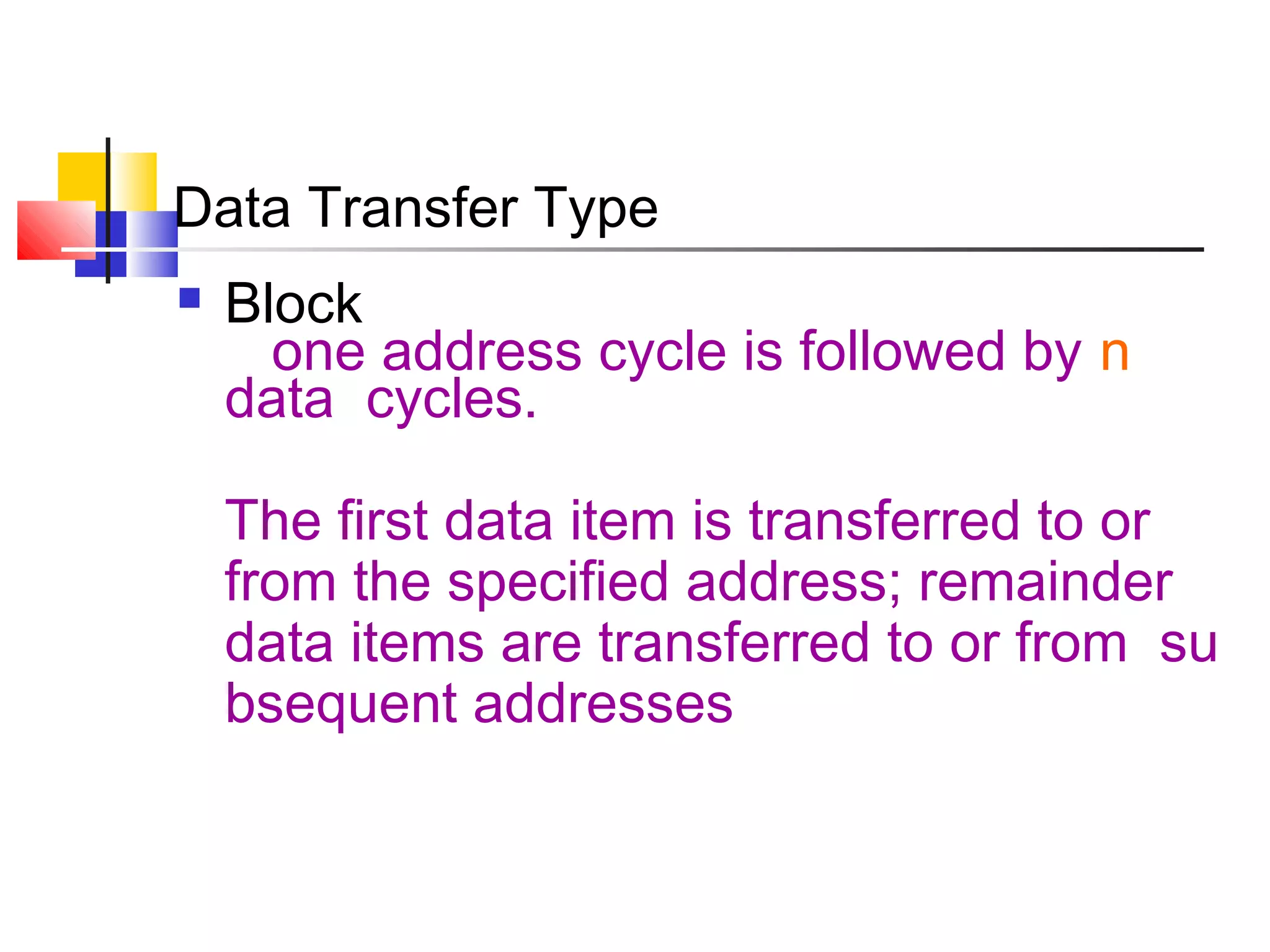 Data Transfer Type


Block
one address cycle is followed by n
data cycles.
The first data item is transferred to or
from the specified address; remainder
data items are transferred to or from su
bsequent addresses

 