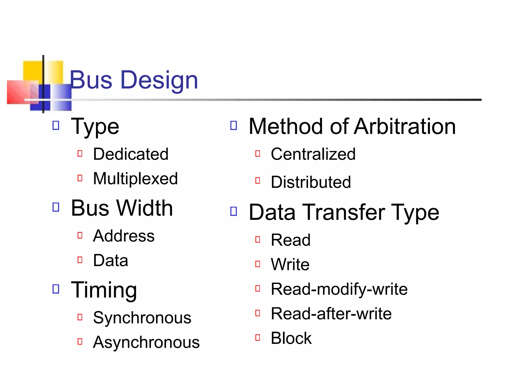 Bus Design
Type Method of Arbitration
Dedicated Centralized
Multiplexed
Bus Width
Address
Data
Timing
Synchronous
Asynchronous
Distributed
Data Transfer Type
Read
Write
Read-modify-write
Read-after-write
Block
 