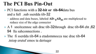  PCI functions with a 32-bit or 64-tib data bus
and a full 32-tibsserddasub.
◦ address and data buses, labeled AD 0– AD63 are multiplexed to
reduce size of the edge connector
 A 32-tibdracsahsnoitcennoc1 through 62eht ,64-tibdrac
sahlla94 connections .
 The 64-tibdracnacetadommoccaa64-tibsserddafi
deriuqertaemoserutuftniop.
22
 