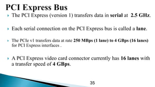  The PCI Express (version 1) transfers data in serial at 2.5 GHz.
 Each serial connection on the PCI Express bus is called a lane.
 The PCIe v1 transfers data at rate 250 MBps (1 lane) to 4 GBps (16 lanes)
for PCI Express interfaces .
 A PCI Express video card connector currently has 16 lanes with
a transfer speed of 4 GBps.
35
 