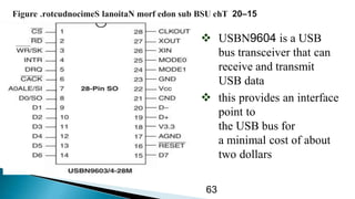 USBN9604 is a USB
bus transceiver that can
receive and transmit
USB data
 this provides an interface
point to
the USB bus for
a minimal cost of about
two dollars
63
 