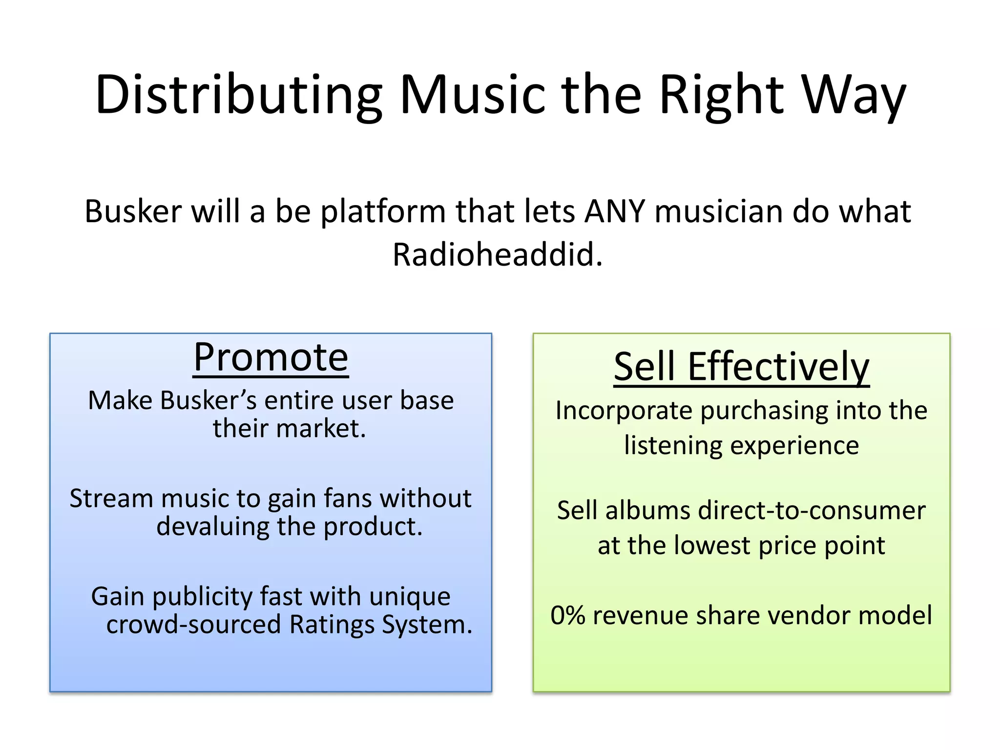 Distributing Music the Right Way
 Busker will a be platform that lets ANY musician do what
                       Radioheaddid.

          Promote                       Sell Effectively
 Make Busker’s entire user base     Incorporate purchasing into the
          their market.
                                          listening experience
Stream music to gain fans without   Sell albums direct-to-consumer
      devaluing the product.
                                        at the lowest price point
 Gain publicity fast with unique
  crowd-sourced Ratings System.     0% revenue share vendor model
 