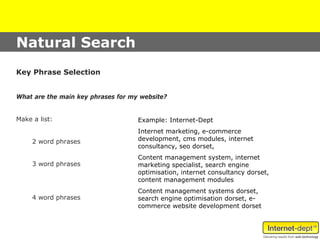 Natural Search
Key Phrase Selection


What are the main key phrases for my website?


Make a list:                        Example: Internet-Dept
                                    Internet marketing, e-commerce
     2 word phrases                 development, cms modules, internet
                                    consultancy, seo dorset,
                                    Content management system, internet
     3 word phrases                 marketing specialist, search engine
                                    optimisation, internet consultancy dorset,
                                    content management modules
                                    Content management systems dorset,
     4 word phrases                 search engine optimisation dorset, e-
                                    commerce website development dorset
 
