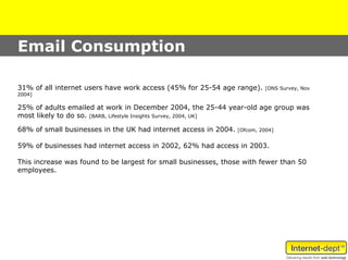 Email Consumption

31% of all internet users have work access (45% for 25-54 age range).     [ONS Survey, Nov
2004]

25% of adults emailed at work in December 2004, the 25-44 year-old age group was
most likely to do so. [BARB, Lifestyle Insights Survey, 2004, UK]

68% of small businesses in the UK had internet access in 2004.   [Ofcom, 2004]


59% of businesses had internet access in 2002, 62% had access in 2003.

This increase was found to be largest for small businesses, those with fewer than 50
employees.
 