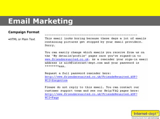 Email Marketing
Campaign Format

•HTML or Plain Text
 