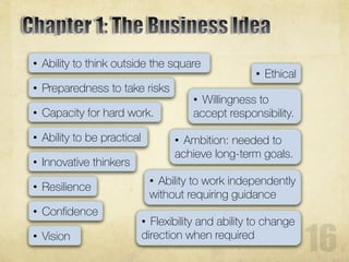 • Ability to think outside the square
• Preparedness to take risks
• Confidence
• Innovative thinkers
• Vision
• Flexibility and ability to change
direction when required
• Ability to work independently
without requiring guidance
• Capacity for hard work.
• Willingness to
accept responsibility.
• Ambition: needed to
achieve long-term goals.
• Ability to be practical
• Ethical
• Resilience
 