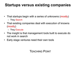 Startups versus existing companies

• That startups begin with a series of unknowns (mostly)
   – They Search
• That exist...