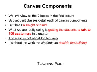 Canvas Components
• We overview all the 9 boxes in the first lecture
• Subsequent classes detail each of canvas components...