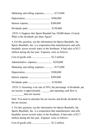 Marketing and selling expenses............... $175,000
Depreciation........................................ $500,000
Interest expense.................................. $200,000
Dividends paid..................................... $150,000
(TCO 1) Suppose that Sports Baseball has 30,000 shares of stock.
What is the dividends per share figure?
4. For this question, use the information for Sports Baseballs, Inc.
Sports Baseballs, Inc. is a corporation that manufacturers and sells
baseballs across several states in the Southeast. It had sales of $2.7
million during the last year. Expenses were as follows:
Cost of goods sold............................... $1.2 million
Administrative expenses........................ $250,000
Marketing and selling expenses............... $175,000
Depreciation........................................ $500,000
Interest expense.................................. $200,000
Dividends paid..................................... $150,000
(TCO 1) Assuming a tax rate of 30%, the percentage of dividends per
net income is approximately ______ and operating cash flow is
_________ than net income.
Hint: You need to calculate the net income and divide dividends by
the net income.
5. For this question, use the information for Sports Baseballs, Inc.
Sports Baseballs, Inc. is a corporation that manufacturers and sells
baseballs across several states in the Southeast. It had sales of $2.7
million during the last year. Expenses were as follows:
Cost of goods sold............................... $1.2 million
 