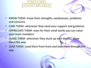 • KNOW THEM- know their strengths, weaknesses, problems
and concerns
• CARE THEM- whenever they need your support and guidance
• APPRECIATE THEM- even for their small works you can value
your team members
• GUIDE THEM- whenever they stuck up with doubts, show
them the way
• LEAD THEM- Lead them from front and take them through the
way
 