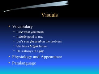 Visuals

• Vocabulary
  •   I see what you mean.
  •   It looks good to me.
  •   Let’s stay focused on the problem.
  •   She has a bright future.
  •   He’s always in a fog.
• Physiology and Appearance
• Paralanguage
 