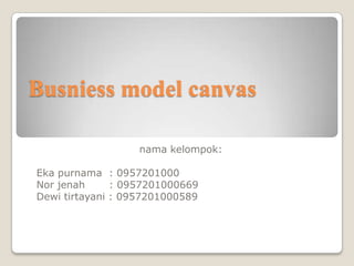Busniess model canvas

                   nama kelompok:

Eka purnama : 0957201000
Nor jenah      : 0957201000669
Dewi tirtayani : 0957201000589
 