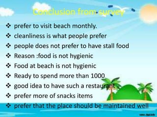 Conclusion from survey










prefer to visit beach monthly.
cleanliness is what people prefer
people does not prefer to have stall food
Reason :food is not hygienic
Food at beach is not hygienic
Ready to spend more than 1000
good idea to have such a restaurant
prefer more of snacks items
prefer that the place should be maintained well

 