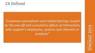 CX Defined 
“Customers perceptions and related feelings caused 
by the one-off and cumulative effects of interactions 
with supplier's employees, systems and channels or 
products” 
 