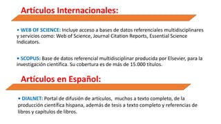 Artículos Internacionales:
• WEB OF SCIENCE: Incluye acceso a bases de datos referenciales multidisciplinares
y servicios como: Web of Science, Journal Citation Reports, Essential Science
Indicators.
• SCOPUS: Base de datos referencial multidisciplinar producida por Elsevier, para la
investigación científica. Su cobertura es de más de 15.000 títulos.
Artículos en Español:
• DIALNET: Portal de difusión de artículos, muchos a texto completo, de la
producción científica hispana, además de tesis a texto completo y referencias de
libros y capítulos de libros.
 