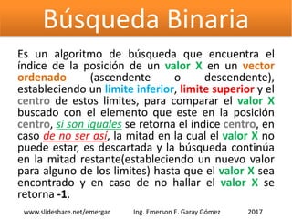 Es un algoritmo de búsqueda que encuentra el
índice de la posición de un valor X en un vector
ordenado (ascendente o descendente),​
estableciendo un limite inferior, limite superior y el
centro de estos limites, para comparar el valor X
buscado con el elemento que este en la posición
centro, si son iguales se retorna el índice centro, en
caso de no ser así, la mitad en la cual el valor X no
puede estar, es descartada y la búsqueda continúa
en la mitad restante(estableciendo un nuevo valor
para alguno de los limites) hasta que el valor X sea
encontrado y en caso de no hallar el valor X se
retorna -1.
Búsqueda Binaria
2017www.slideshare.net/emergar Ing. Emerson E. Garay Gómez
 