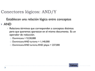 Conectores lógicos: AND/Y
Establecen una relación lógica entre conceptos
 AND
 Relaciona términos que corresponden a conceptos distintos
pero que queremos aparezcan en el mismo documento. Es un
operador de reducción.
 Dominicana = 9,230,000
 Dominicana AND turismo = 1,140,000
 Dominicana AND turismo AND playas = 237,000
Yahoo
 