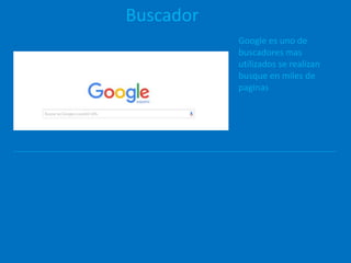 Buscador
Google es uno de
buscadores mas
utilizados se realizan
busque en miles de
paginas
 