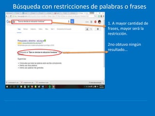 Búsqueda con restricciones de palabras o frases
1. A mayor cantidad de
frases, mayor será la
restricción.
2no obtuvo ningún
resultado...
 