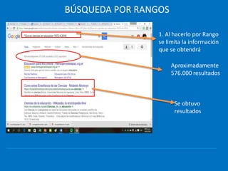 BÚSQUEDA POR RANGOS
1. Al hacerlo por Rango
se limita la información
que se obtendrá
Aproximadamente
576.000 resultados
Se obtuvo
resultados
 