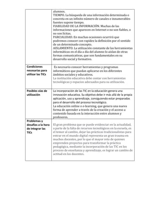 alumnos.
                     TIEMPO. La búsqueda de una información determinada o
                     concreta en un infinito número de canales e innumerables
                     fuentes supone tiempo.
                     FIABILIDAD DE LA INFORMACIÓN. Muchas de las
                     informaciones que aparecen en Internet o no son fiables, o
                     no son lícitas.
                     PARCIALIDAD. En muchas ocasiones ocurrirá que
                     podremos conocer con rapidez la definición por el sentido
                     de un determinado concepto.
                     AISLAMIENTO. La utilización constante de las herramientas
                     informáticas en el día a día del alumno lo aislan de otras
                     formas comunicativas, que son fundamentales en su
                     desarrollo social y formativo.

Condiciones           Es necesario conocer herramientas y programas
necesarias para      informáticos que puedan aplicarse en los diferentes
utilizar las TICs    ámbitos sociales y educativos.
                     La institución educativa debe contar con herramientas
                     tecnológicas y espacios adecuados para su utilización.

Posibles vías de     La incorporación de las TIC en la educación genera una
utilización          innovación educativa. Su objetivo debe ir más allá de la propia
                     aplicación, uso y aprendizaje, consiguiendo estar preparadas
                     para el desarrollo del proceso tecnológico.
                     La educación online o e-learning, que genera una nueva
                     forma de aprender a través de la creación y el acceso a
                     contenido basada en la interacción entre alumnos y
                     profesores.
Problemas y
desafíos a la hora   El gran problema que se puede evidenciar en la actualidad,
de integrar las      a parte de la falta de recursos tecnológicos en la escuela, es
TICs                 el temor al cambio, dejar las prácticas tradicionalistas para
                     entrar en el mundo digital representa un gran trauma en
                     muchos docentes, por lo que el mayor reto de quienes
                     emprenden proyectos para transformar la práctica
                     pedagógica, mediante la incorporación de las TIC en los
                     proceso de enseñanza y aprendizaje, es lograr un cambio de
                     actitud en los docentes.
 