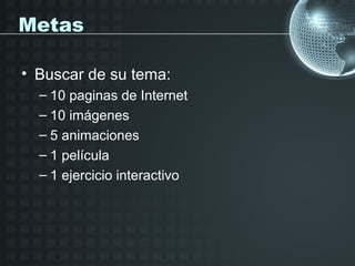 Metas

• Buscar de su tema:
  – 10 paginas de Internet
  – 10 imágenes
  – 5 animaciones
  – 1 película
  – 1 ejercicio interactivo
 