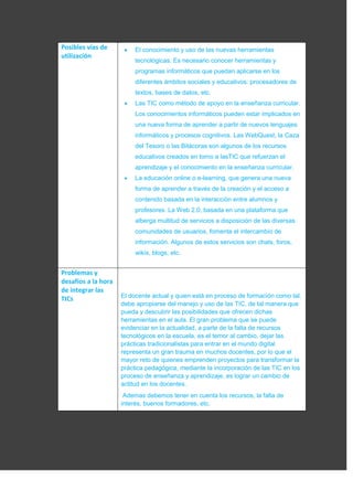 Posibles vías de
utilización
El conocimiento y uso de las nuevas herramientas
tecnológicas. Es necesario conocer herramientas y
programas informáticos que puedan aplicarse en los
diferentes ámbitos sociales y educativos: procesadores de
textos, bases de datos, etc.
Las TIC como método de apoyo en la enseñanza curricular.
Los conocimientos informáticos pueden estar implicados en
una nueva forma de aprender a partir de nuevos lenguajes
informáticos y procesos cognitivos. Las WebQuest, la Caza
del Tesoro o las Bitácoras son algunos de los recursos
educativos creados en torno a lasTIC que refuerzan el
aprendizaje y el conocimiento en la enseñanza curricular.
La educación online o e-learning, que genera una nueva
forma de aprender a través de la creación y el acceso a
contenido basada en la interacción entre alumnos y
profesores. La Web 2.0, basada en una plataforma que
alberga multitud de servicios a disposición de las diversas
comunidades de usuarios, fomenta el intercambio de
información. Algunos de estos servicios son chats, foros,
wikis, blogs, etc.
Problemas y
desafíos a la hora
de integrar las
TICs El docente actual y quien está en proceso de formación como tal,
debe apropiarse del manejo y uso de las TIC, de tal manera que
pueda y descubrir las posibilidades que ofrecen dichas
herramientas en el aula. El gran problema que se puede
evidenciar en la actualidad, a parte de la falta de recursos
tecnológicos en la escuela, es el temor al cambio, dejar las
prácticas tradicionalistas para entrar en el mundo digital
representa un gran trauma en muchos docentes, por lo que el
mayor reto de quienes emprenden proyectos para transformar la
práctica pedagógica, mediante la incorporación de las TIC en los
proceso de enseñanza y aprendizaje, es lograr un cambio de
actitud en los docentes.
Ademas debemos tener en cuenta los recursos, la falta de
interés, buenos formadores, etc.
 