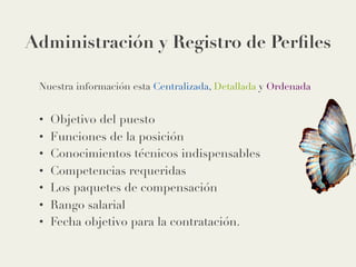 Administración y Registro de Perﬁles
Nuestra información esta Centralizada, Detallada y Ordenada

•  Objetivo del puesto
•  Funciones de la posición
•  Conocimientos técnicos indispensables
•  Competencias requeridas
•  Los paquetes de compensación
•  Rango salarial
•  Fecha objetivo para la contratación.
 