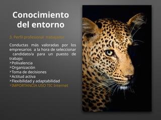 Conocimiento
del entorno
3. Perfil profesional trabajador
Conductas más valoradas por los
empresarios a la hora de seleccionar
candidato/a para un puesto de
trabajo:
Polivalencia
Organización
Toma de decisiones
Actitud activa
Flexibilidad y adaptabilidad
IMPORTANCIA USO TIC Internet
 