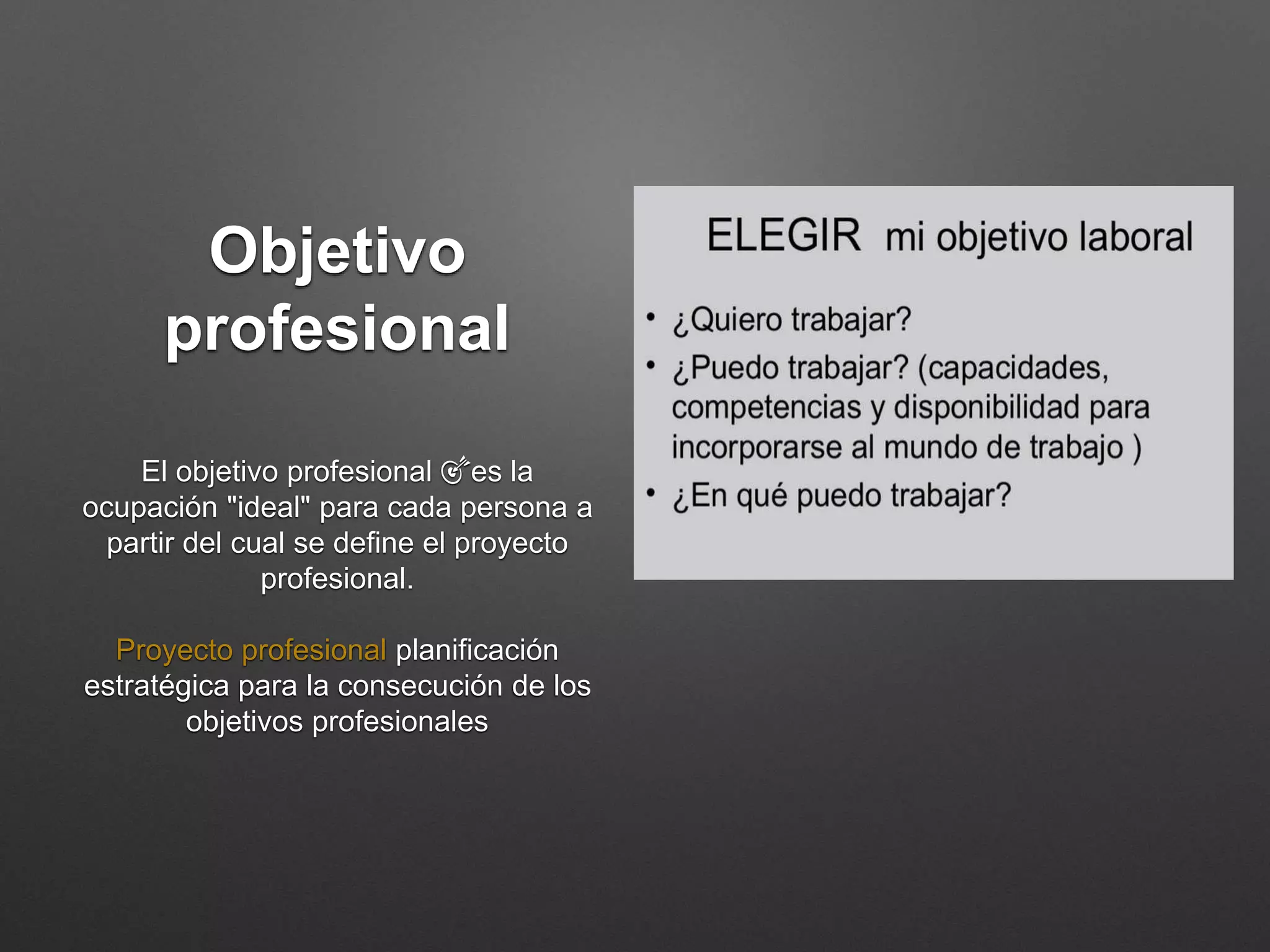 Objetivo
profesional
El objetivo profesional 🎯es la
ocupación "ideal" para cada persona a
partir del cual se define el proyecto
profesional.
Proyecto profesional planificación
estratégica para la consecución de los
objetivos profesionales
 